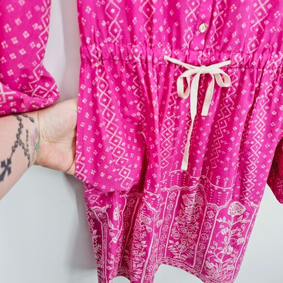Anthropologie Meadow Rue Shirtdress 8 Pink White Anila Long Roll Tab Sleeve Boho - Picture 6 of 14